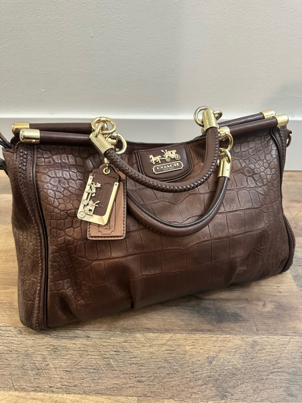 Coach Madison Pinnacle Croc Embossed Satchel Mahogany Brown Gold Hardware Rare